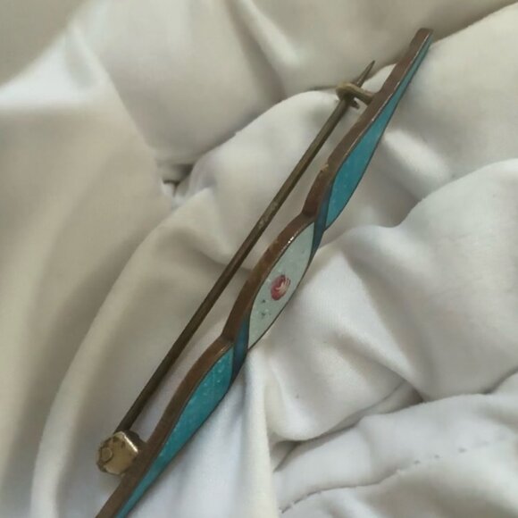 Antique Enamel Guilloche Brooch Pin Flower Blue Gold Plated C clasp - Picture 2 of 16